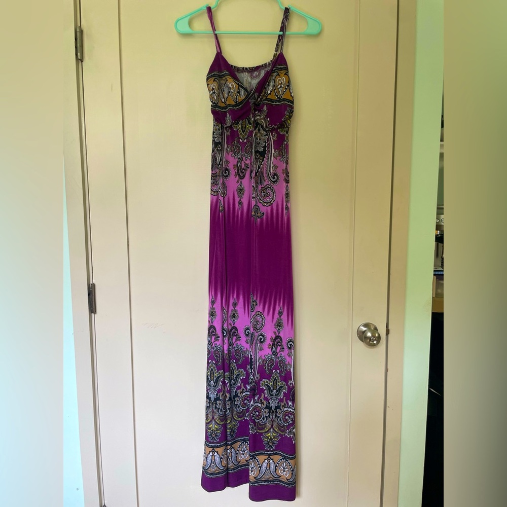 Purple Paisley Maxi Dress with Spaghetti Straps